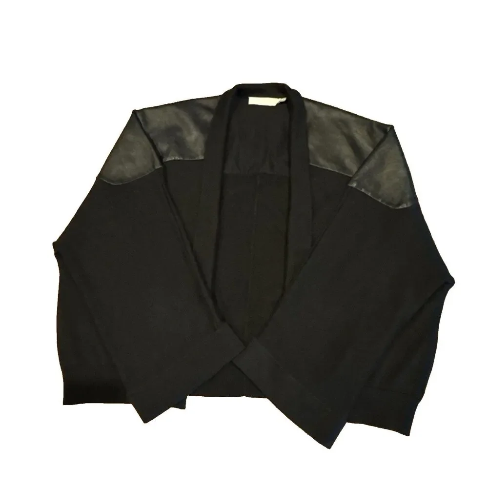 Anne Fontaine Black Cropped Cardigan Jacket 12 Silk Blend Lambskin Leather Trim